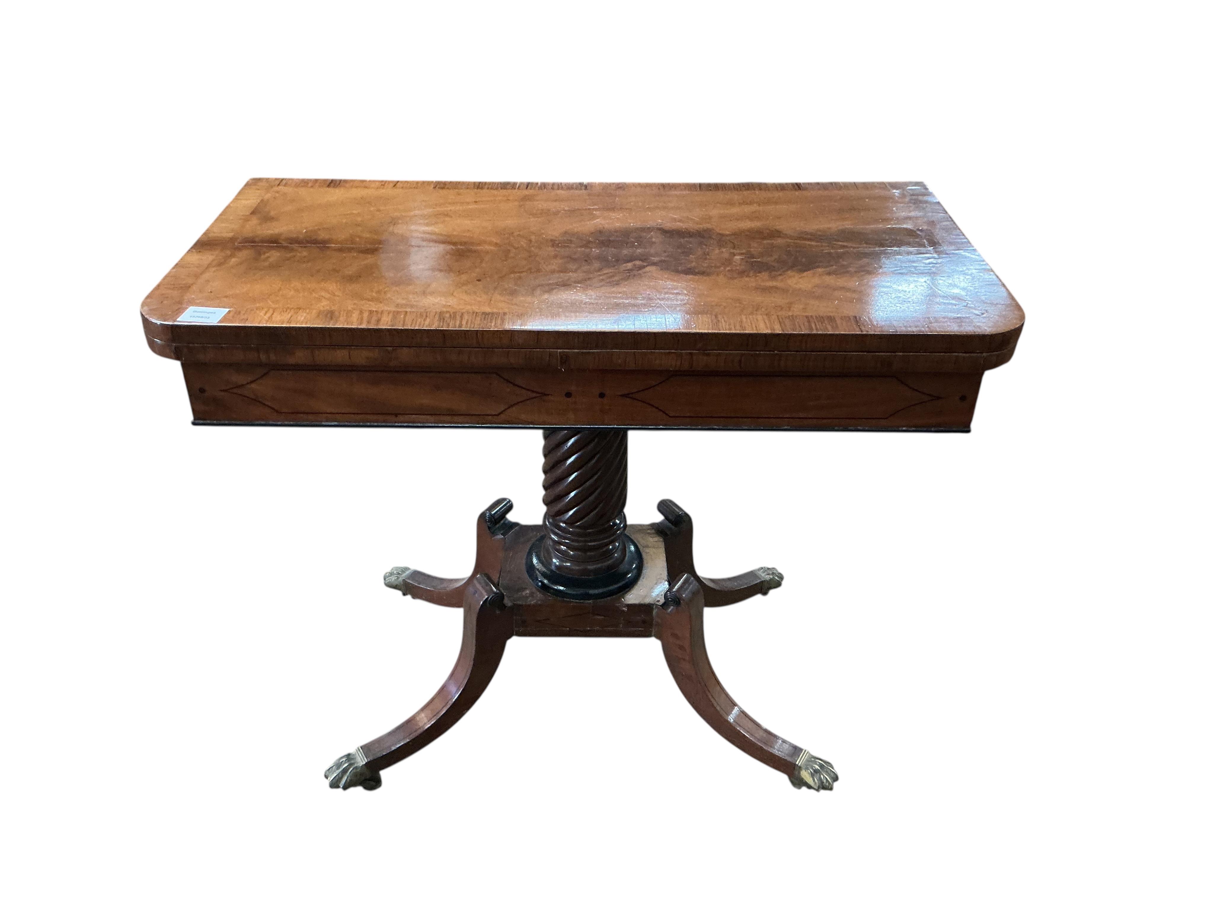 A Regency rosewood banded rectangular mahogany folding card table, width 91cm, depth 45cm, height 73cm